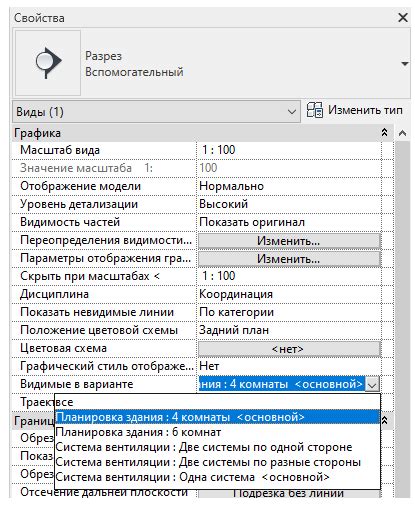 Выбор варианта и настройка разреза: определение типа и его параметров